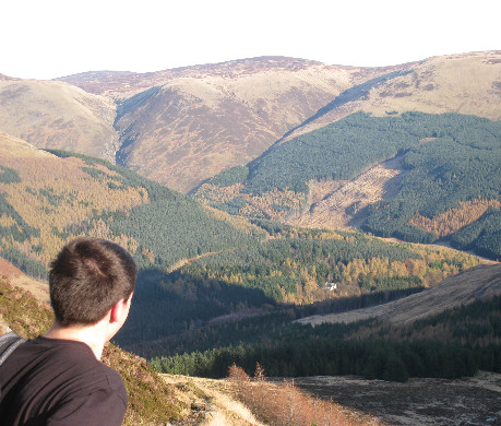 Looking out across Glen Clova, with forestry and hills