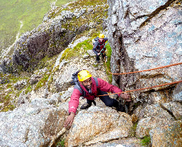 Climbers scrambling in Glen Coe. Scrambling course